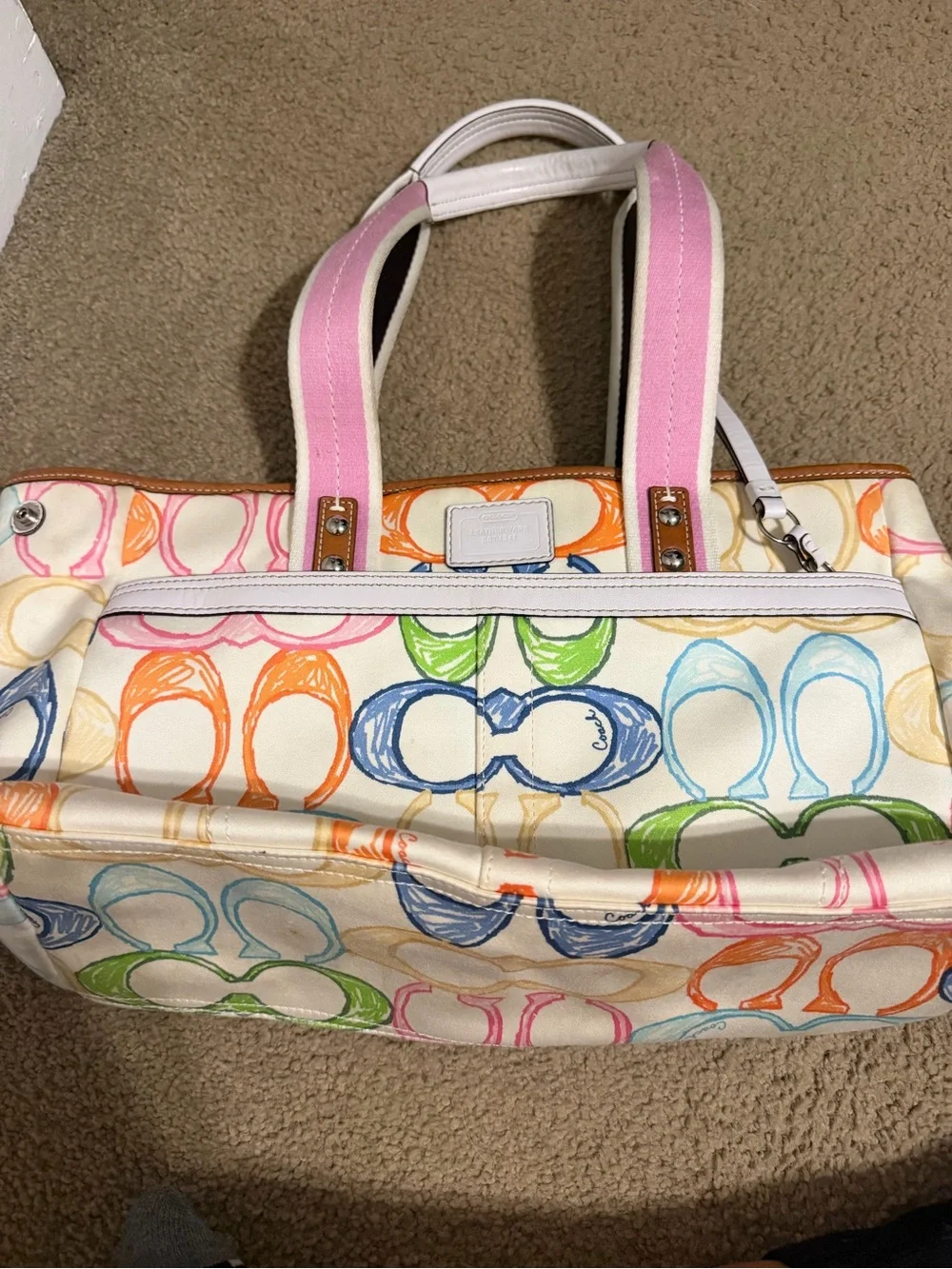 Coach 2007 Scribble Multicolor Tote Pink Trim Handles